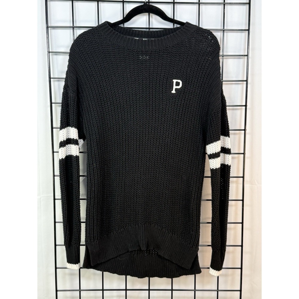 PINK Victoria's Secret Varsity Sweater Womens XS Black Ringer Sleeves Retro Prep